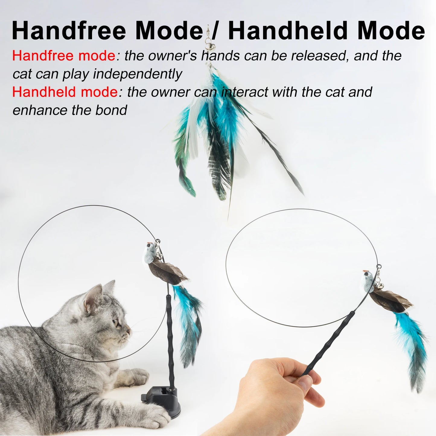 Hands-free Bird/Feather Cat Wand with Bell for Cats Kitten Hunting Exercise