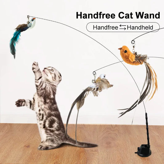 Hands-free Bird/Feather Cat Wand with Bell for Cats Kitten Hunting Exercise