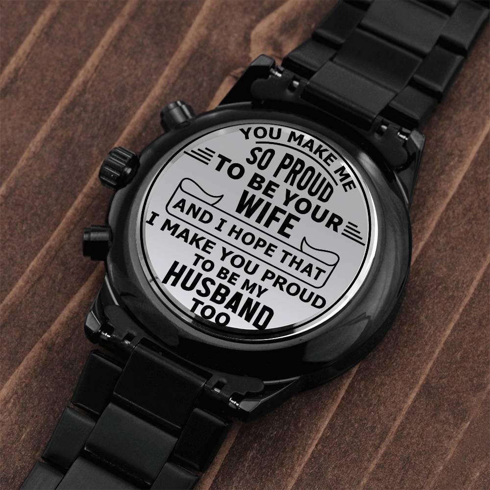 Message for Husband! Engraved Designer Black Chronograph Watch