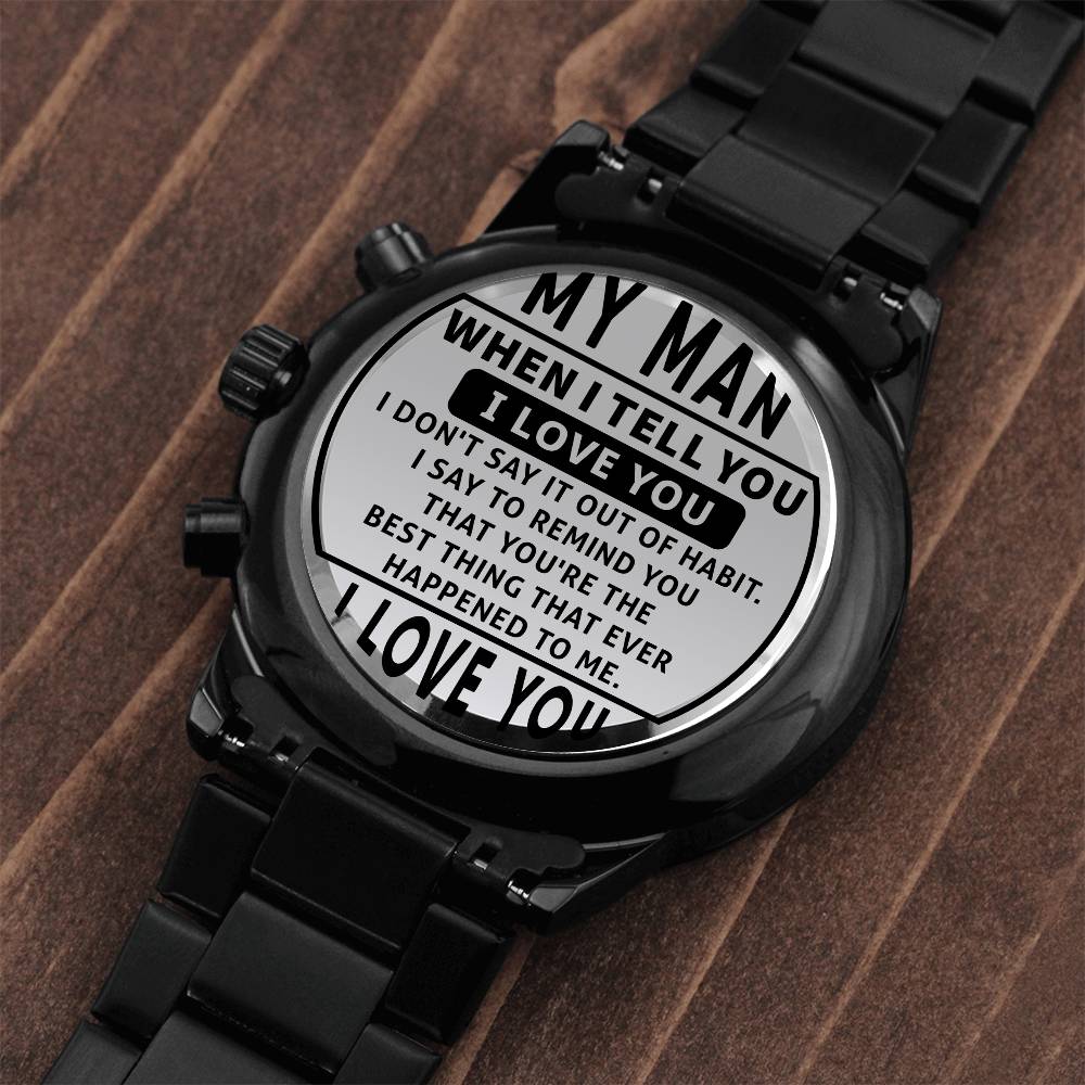 Message to Husband Engraved Designer Black Chronograph Watch