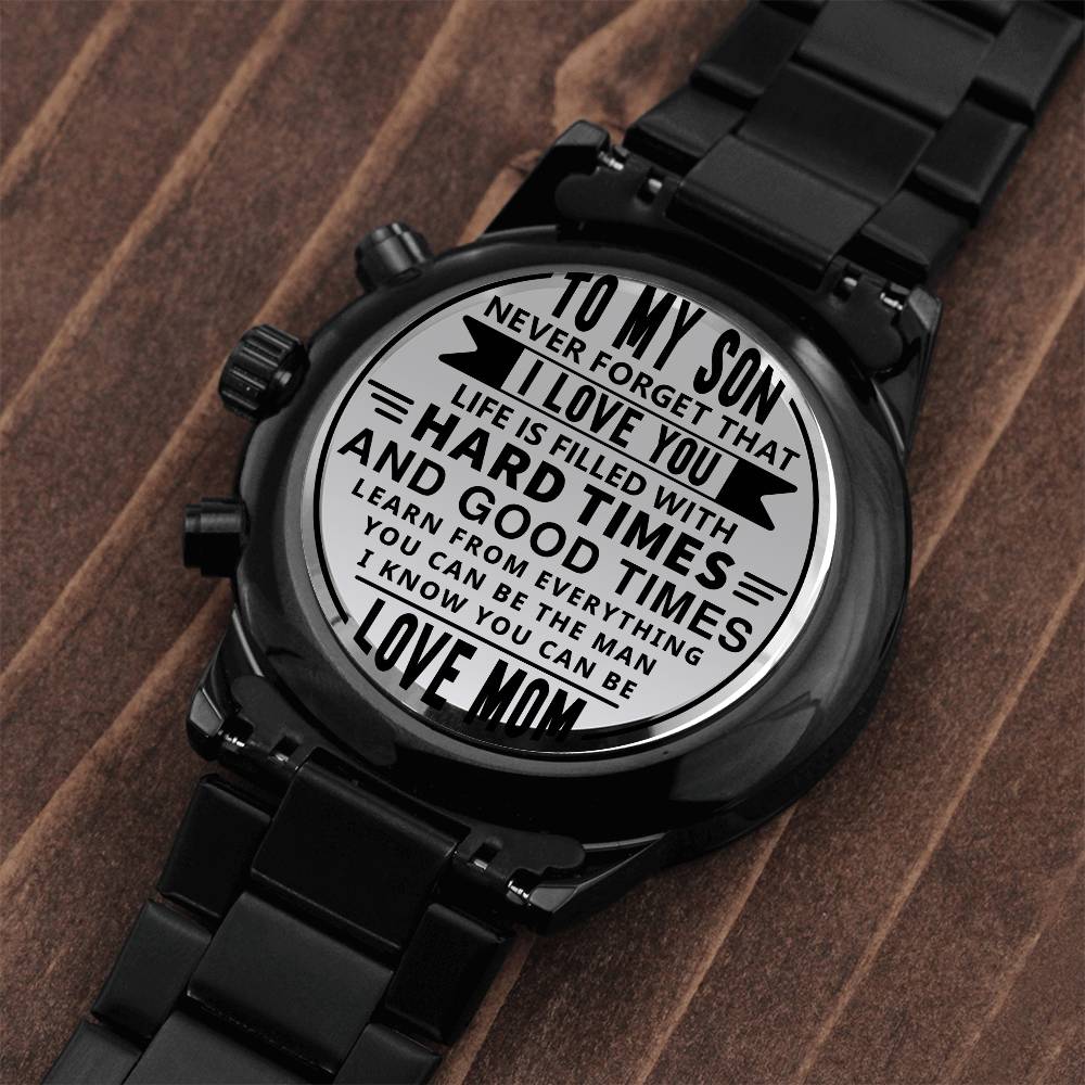 Message for Son! Engraved Designer Black Chronograph Watch