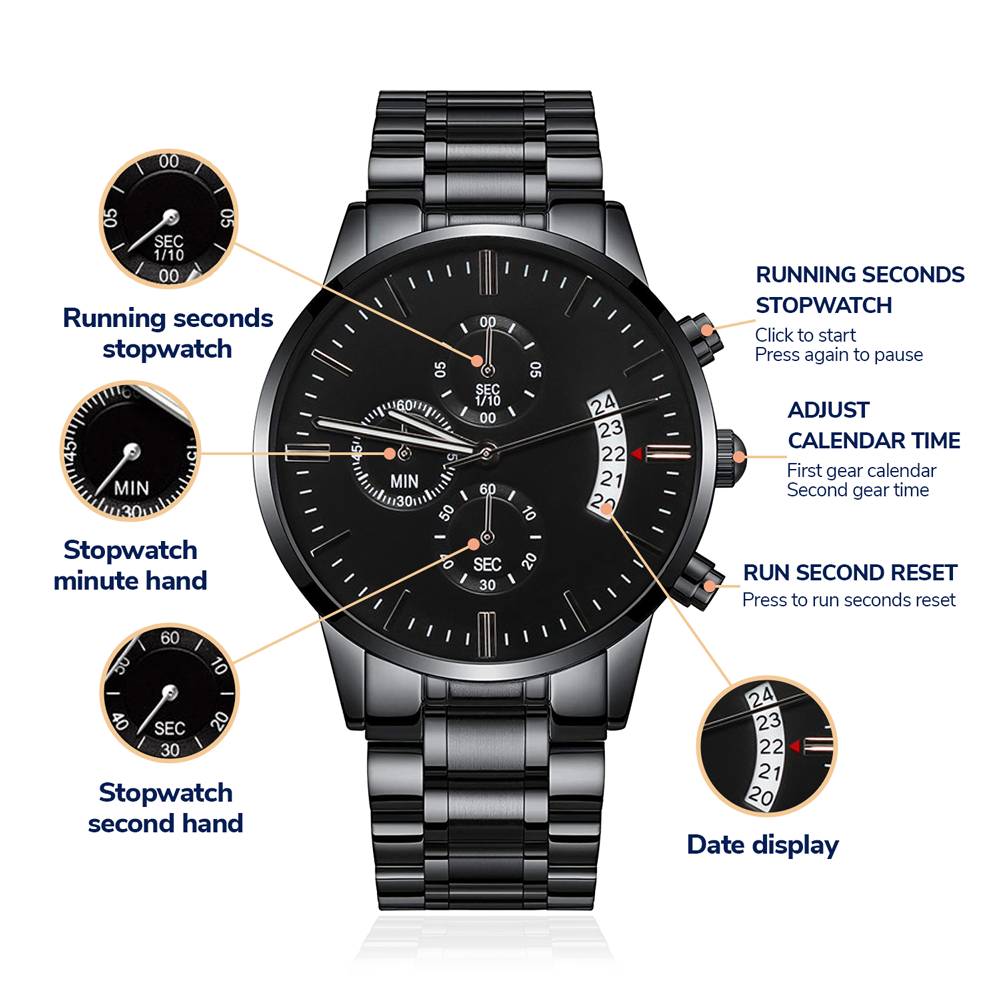 Message for Dad! Engraved Designer Black Chronograph Watch