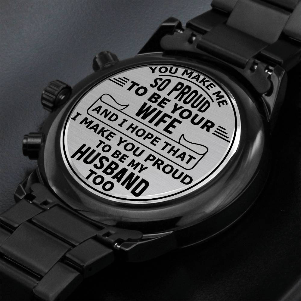 Message for Husband! Engraved Designer Black Chronograph Watch