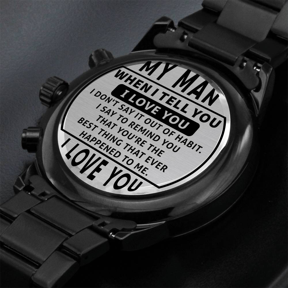 Message to Husband Engraved Designer Black Chronograph Watch