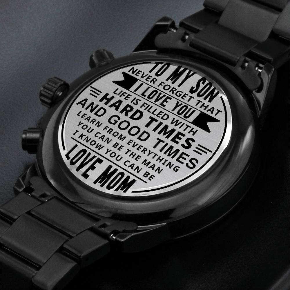 Message for Son! Engraved Designer Black Chronograph Watch