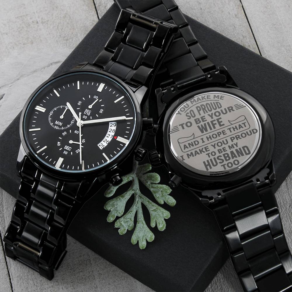 Message for Husband! Engraved Designer Black Chronograph Watch