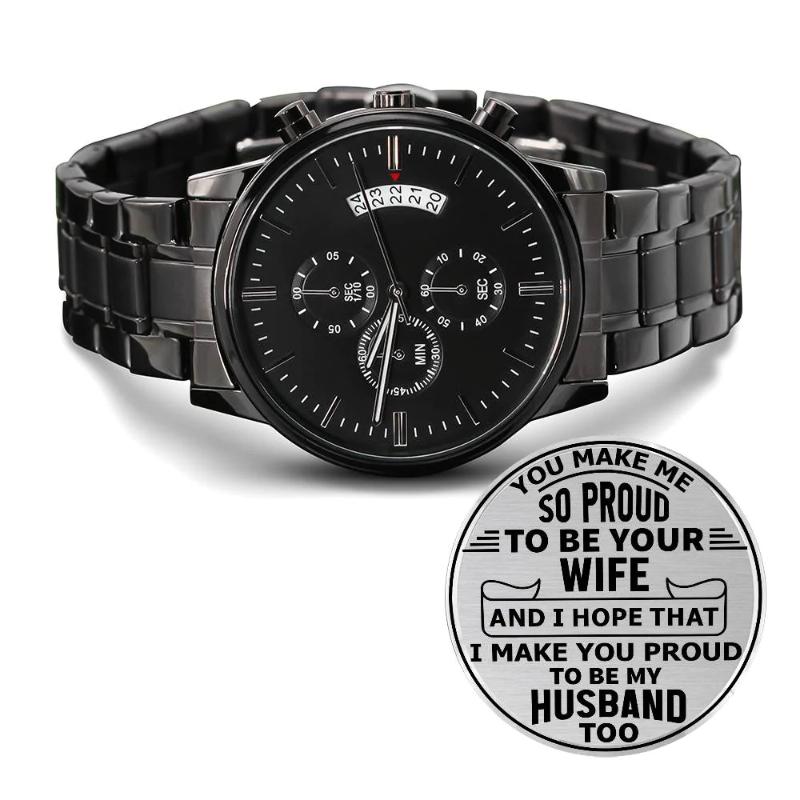 Message for Husband! Engraved Designer Black Chronograph Watch