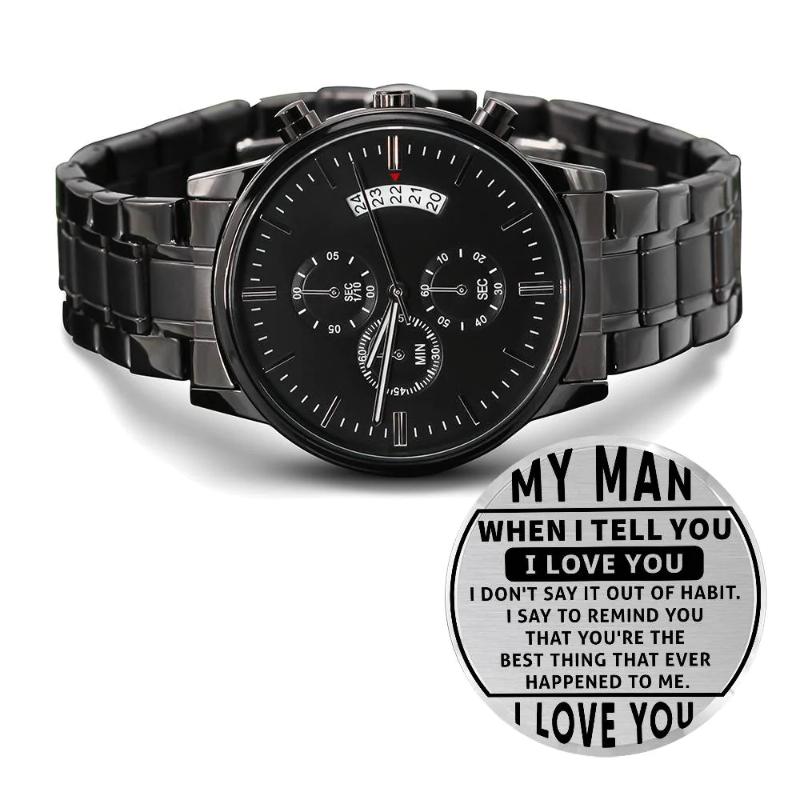 Message to Husband Engraved Designer Black Chronograph Watch