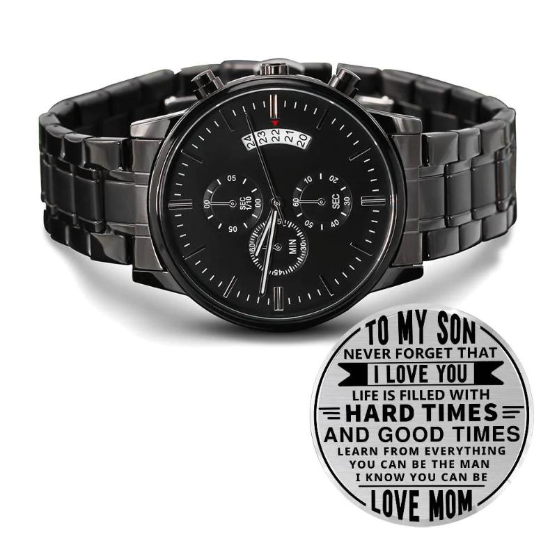 Message for Son! Engraved Designer Black Chronograph Watch