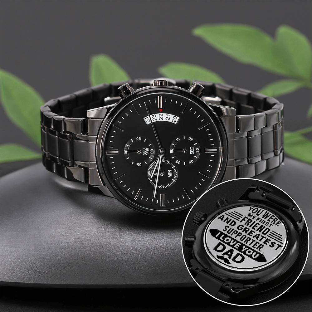 Message for Dad! Engraved Designer Black Chronograph Watch