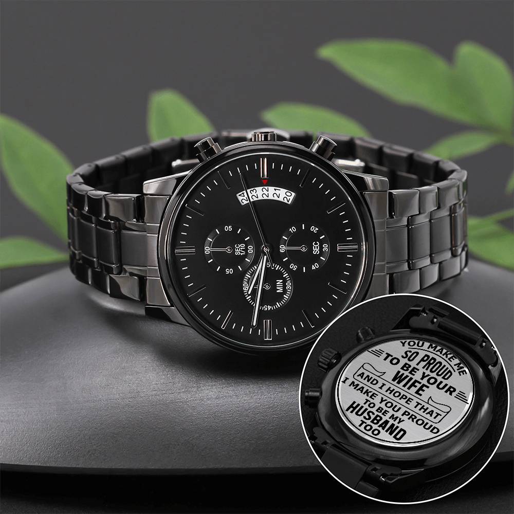 Message for Husband! Engraved Designer Black Chronograph Watch