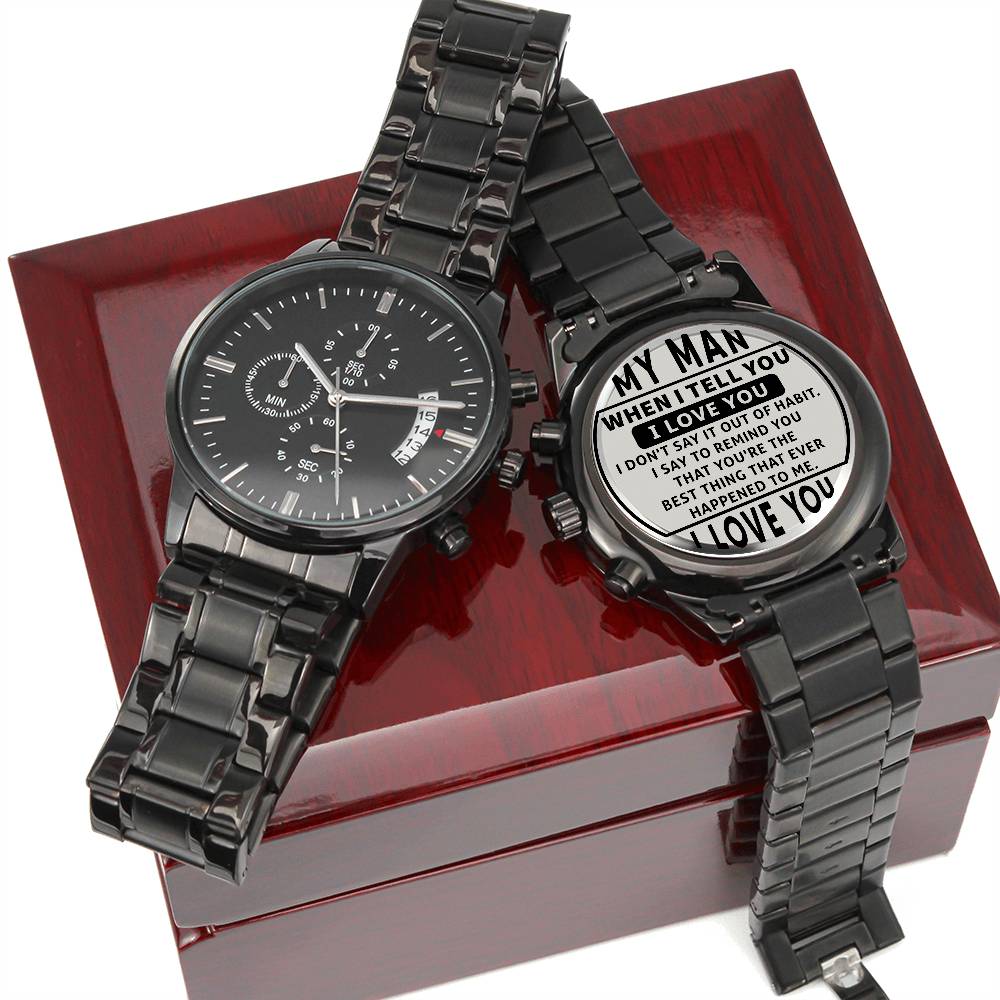 Message to Husband Engraved Designer Black Chronograph Watch