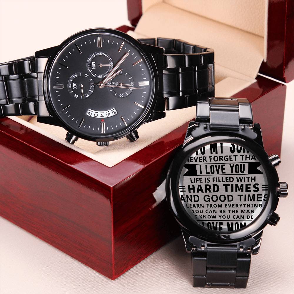 Message for Son! Engraved Designer Black Chronograph Watch