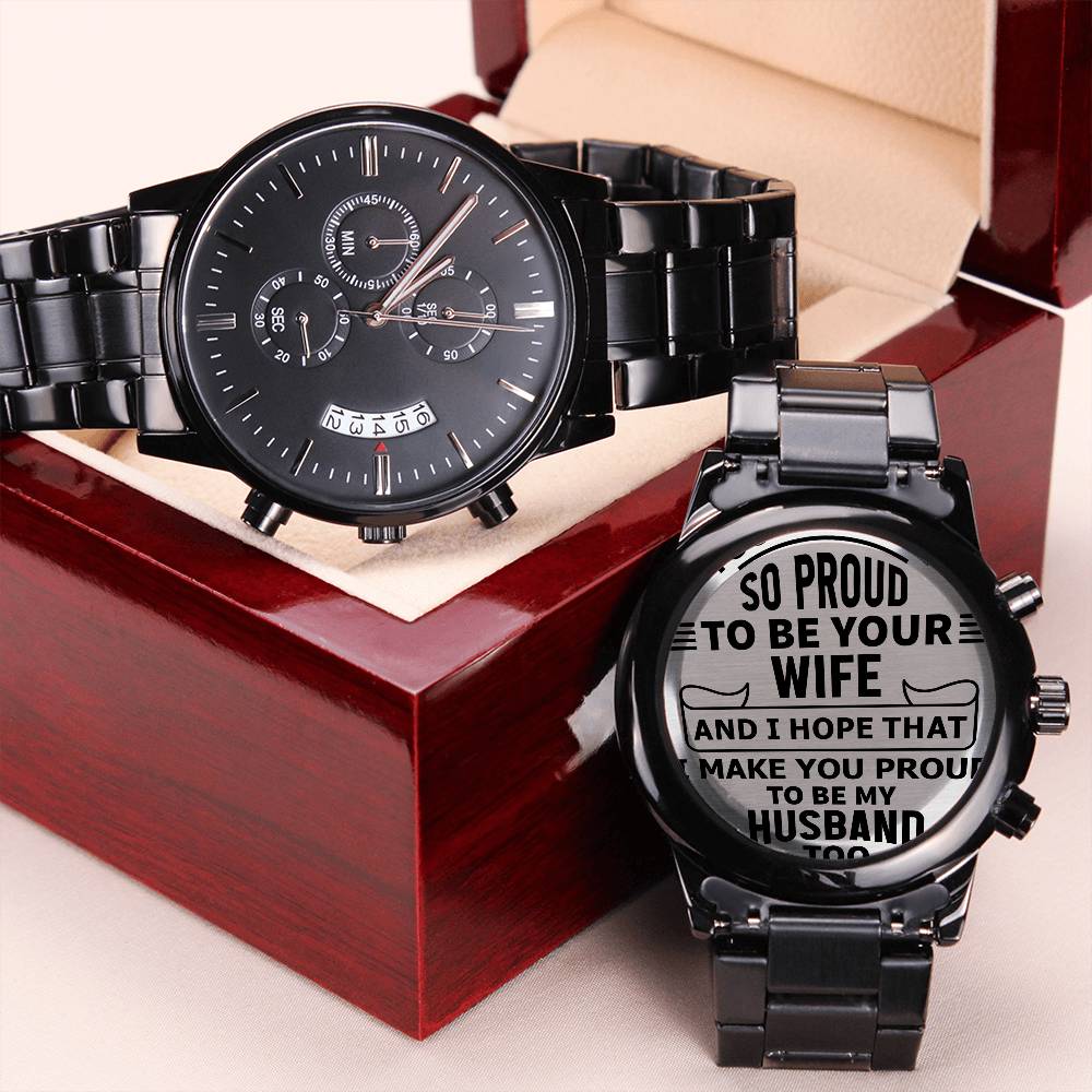 Message for Husband! Engraved Designer Black Chronograph Watch