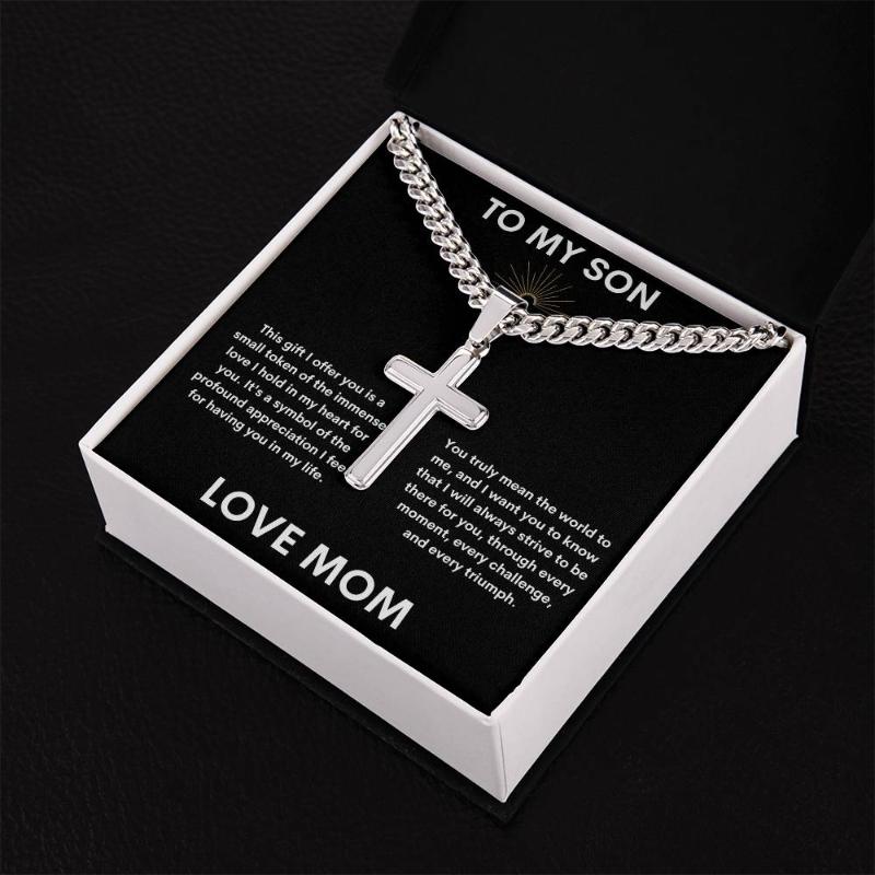 Gift for Son- Cuban Link Chain and Artisan Cross Necklace