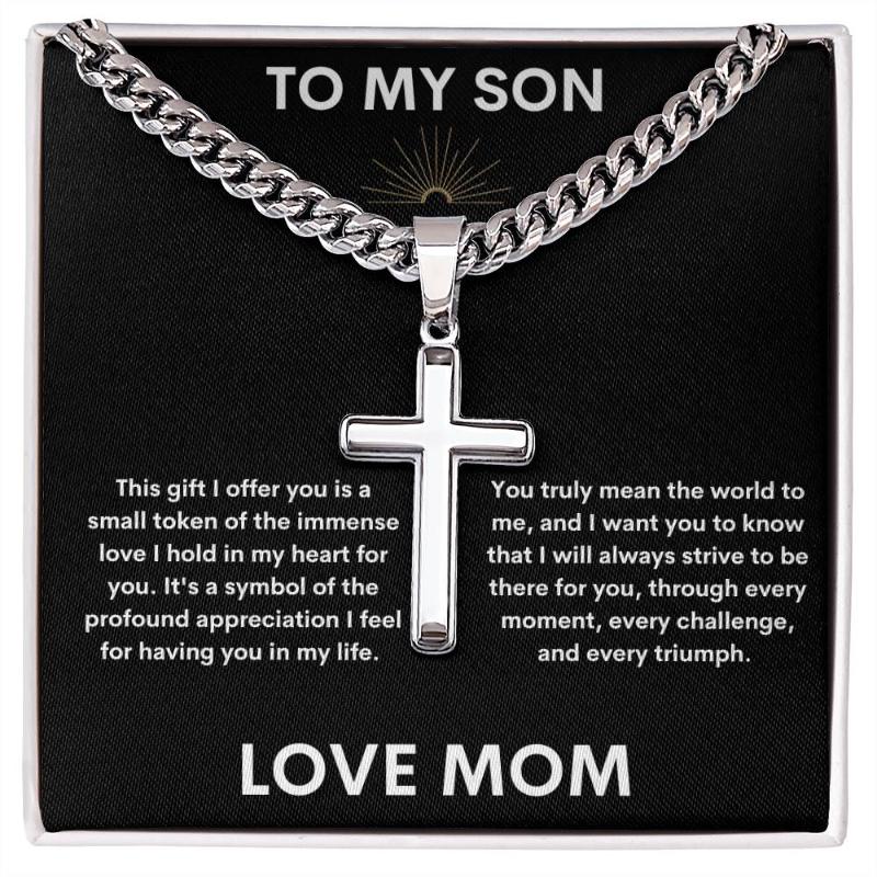 Gift for Son- Cuban Link Chain and Artisan Cross Necklace