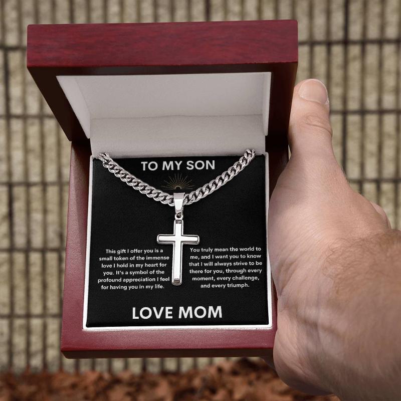 Gift for Son- Cuban Link Chain and Artisan Cross Necklace