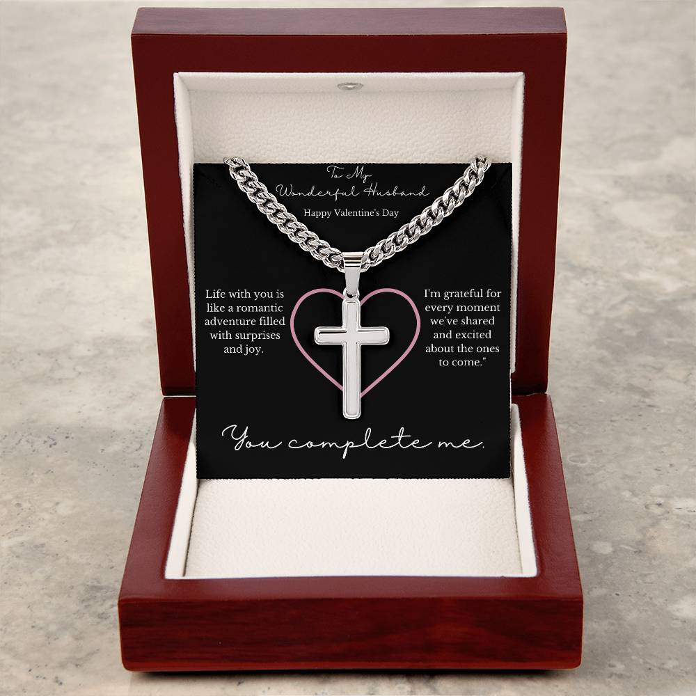 Valentines Day Gift for Husband- Cuban Link Chain with Artisan Cross