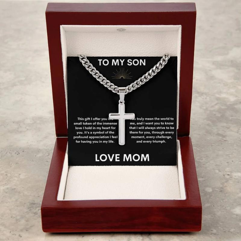 Gift for Son- Cuban Link Chain and Artisan Cross Necklace