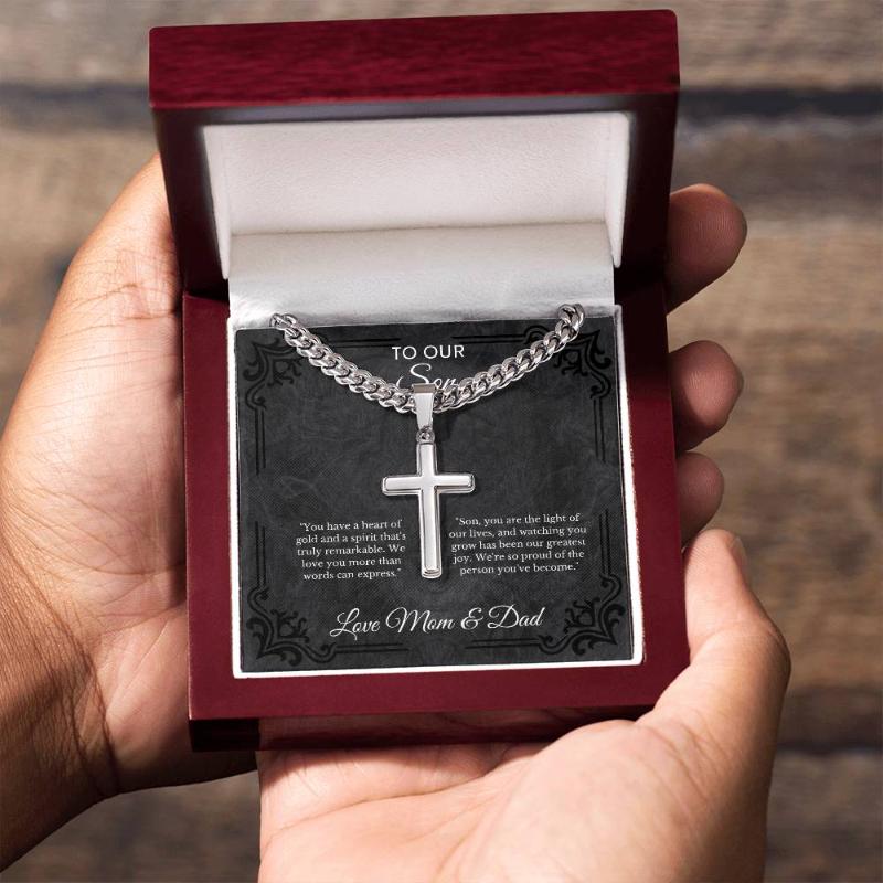 Gift for Son- Cuban Link Chain with Artisan Cross