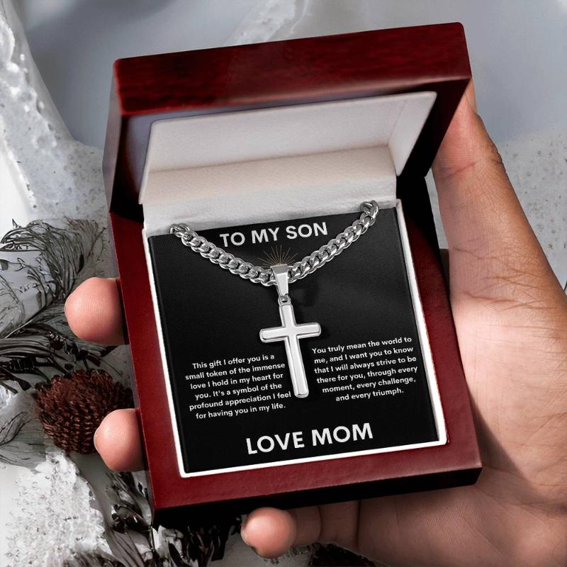 Gift for Son- Cuban Link Chain and Artisan Cross Necklace