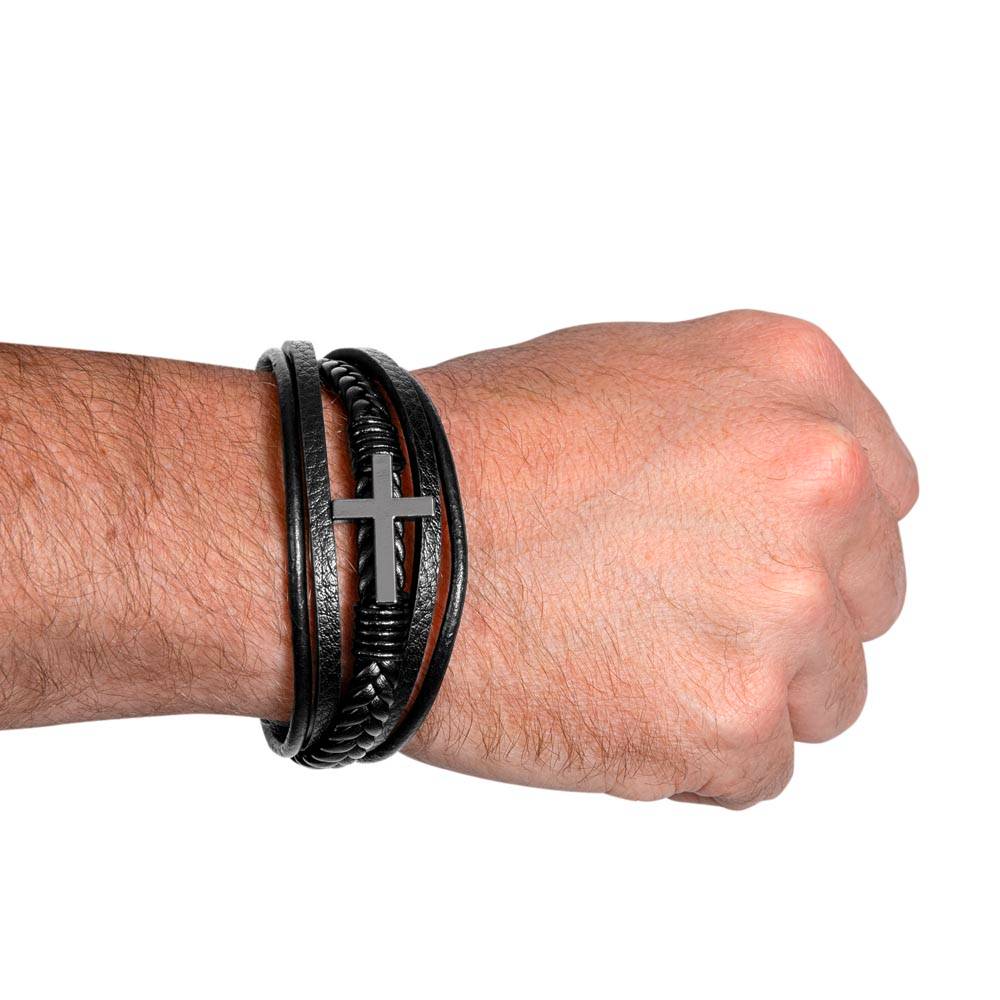 Valentines Gift for Husband-Mens Cross Leather Bracelet