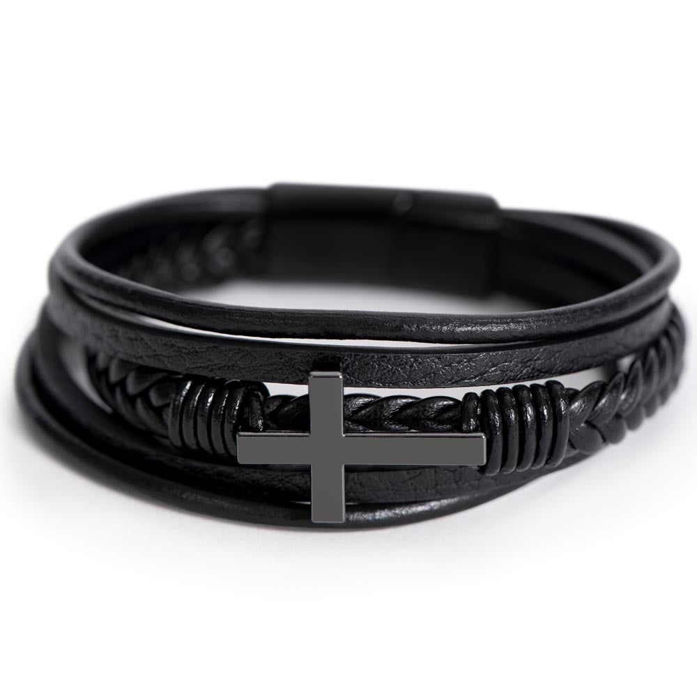 Valentines Gift for Husband-Mens Cross Leather Bracelet