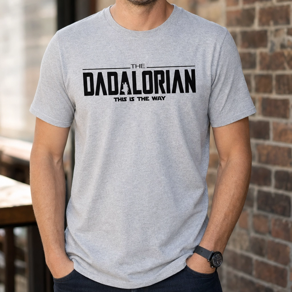 Man wearing a gray t-shirt with 'DADALORIAN' text, standing against a brick wall.